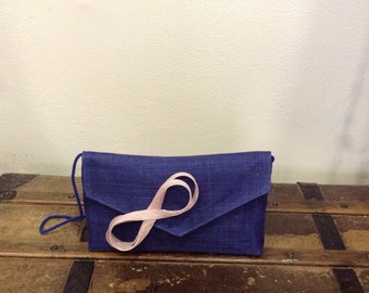 Wedding pouch in royal blue sisal and its powder pink infinity bow bibi, wedding-ceremony, custom-made item, custom made item