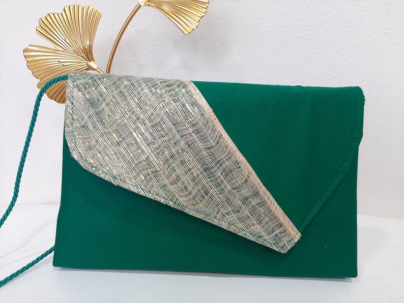 Green and gold pouch, in silk fabric and abaca, wedding-ceremony, custom made item, custom made item image 4