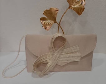 Wedding clutch in natural ottoman fabric with removable natural gold bow, for weddings and ceremonies, custom-made item.