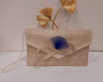 Pochette naturel lamé et bleu royal, en sisal et crin,  mariage- cérémonie, article fabriqué sur mesure, custom made item