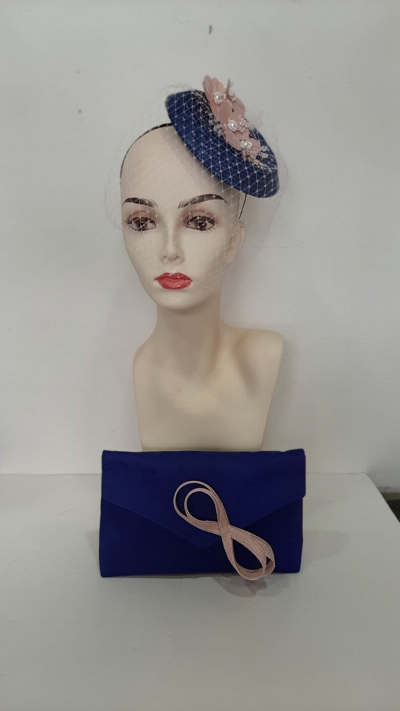 Retro fascinator wedding veil in midnight blue and pink, in sisal, Milady fleurs model, custom made item, custom made item image 8