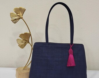 Navy blue and fuchsia sisal "Lady" bag, wedding/ceremony, custom-made item