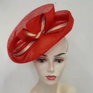 Red and gold fascinator, in sisal, wedding cocktail ceremony, &quot;double volute&quot; shape, custom made item, custom made item