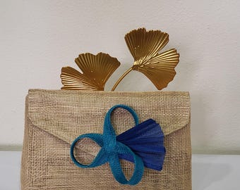 Honey gold sisal wedding clutch with blue bow, "asymmetrical mini centered", wedding/ceremony, custom-made item