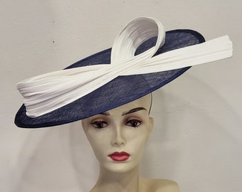 navy blue and white wedding fascinator, wedding cocktail ceremony, "Envolée Noeud Élégant" model, custom made item, custom made item