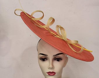 Coral and yellow sisal wedding fascinator, "Arabesque Flight Liana" design, custom-made item