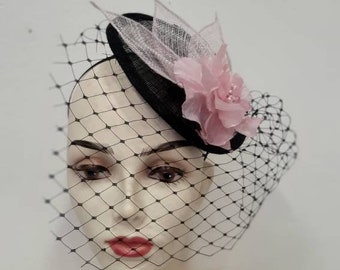 Bibi black and pink wedding veil, in sisal, "Gatsby flower veil" model, custom-made item, custom made item