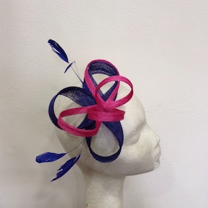 Midnight blue and fucshia fascinator, sisal and feathers, wedding ceremony, &quot;knot loops&quot; model, custom made item, custom made item