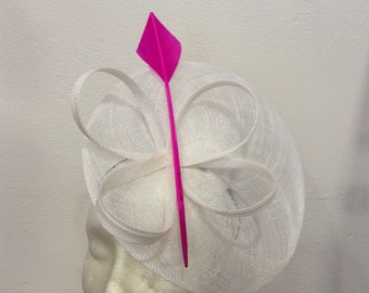 Bibi wedding white and pink fuchsia, feathers and sisal, wedding-ceremony, DIANE shape, custom made item, custom made item