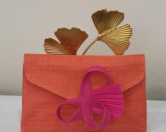 Coral and fuchsia sisal wedding clutch, "asymmetrical mini centered", wedding/ceremony, custom-made item