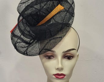 Black, orange, and red sisal wedding fascinator, "Bird of Paradise" model, custom-made item