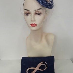 Retro fascinator wedding veil in midnight blue and pink, in sisal, Milady fleurs model, custom made item, custom made item image 9