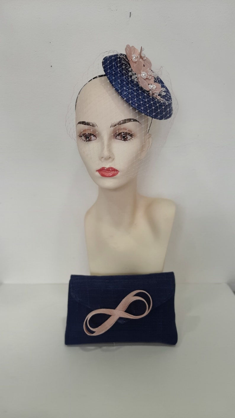 Retro fascinator wedding veil in midnight blue and pink, in sisal, Milady fleurs model, custom made item, custom made item image 9