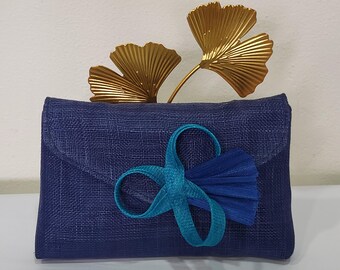 Midnight blue sisal wedding clutch with blue bow, "asymmetrical mini centered", wedding/ceremony, custom-made item