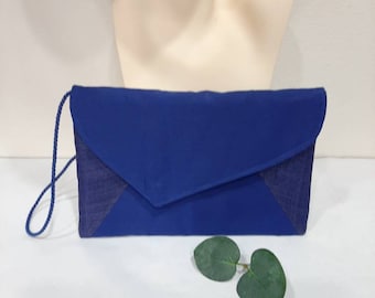 Pochette bleu royal en tissu et sisal
