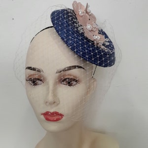 Retro fascinator wedding veil in midnight blue and pink, in sisal, Milady fleurs model, custom made item, custom made item image 6