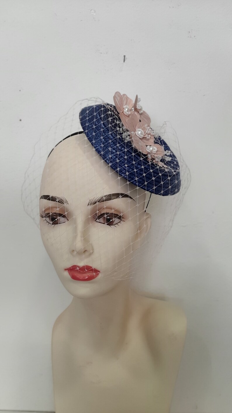 Retro fascinator wedding veil in midnight blue and pink, in sisal, Milady fleurs model, custom made item, custom made item image 6