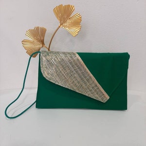 Green and gold pouch, in silk fabric and abaca, wedding-ceremony, custom made item, custom made item image 1