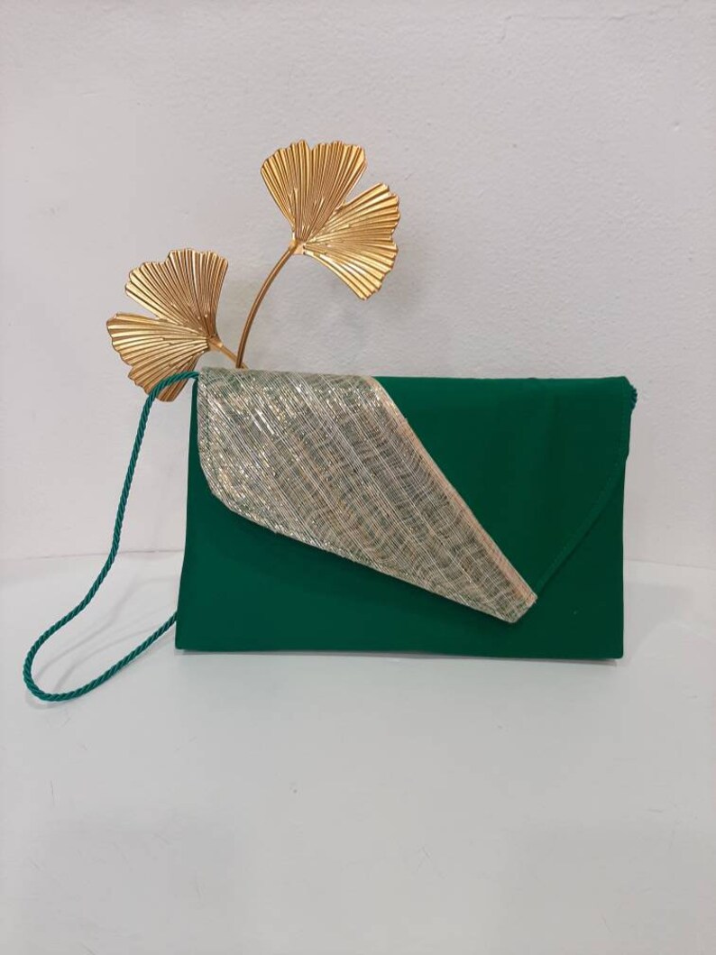 Green and gold pouch, in silk fabric and abaca, wedding-ceremony, custom made item, custom made item image 1