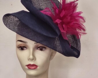 Navy blue and fuchsia sisal and feather fascinator, wedding style, "Double Inverted Volute" shape, custom-made item