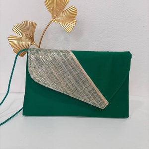 Green and gold pouch, in silk fabric and abaca, wedding-ceremony, custom made item, custom made item image 3
