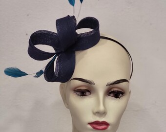 Navy blue and turquoise fascinator, sisal, feather, wedding ceremony, "Crazy Knot" model, custom-made item
