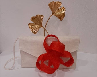 White sisal wedding pouch and its coral red bibi bow, wedding-ceremony, custom-made item, custom made item