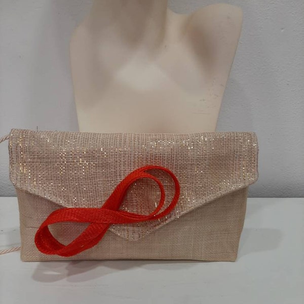 Pochette mariage en sisal naturel doré et son noeud infini rouge, mariage-cérémonie, article fabriqué sur mesure,  custom made item