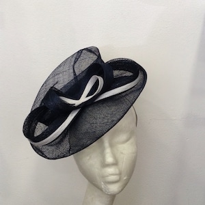 navy blue and white bibi, sisal, wedding - ceremony - cocktail, double scrolls, custom made item, custom made item