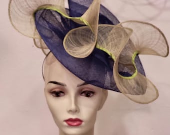 Midnight blue and green wedding fascinator, Double Swirl Sparkle shape, custom-made item