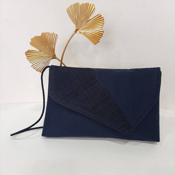 Pochette bleu marine, en lin et  sisal, mariage- cérémonie, article fabriqué sur mesure, custom made item