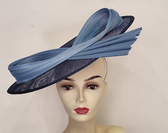 midnight blue and sky wedding fascinator, wedding cocktail ceremony, "Envolée Noeud Élégant" model, custom made item, custom made item