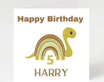 Dinosaur Happy Birthday Card, Personalised Name and Age Dino Card