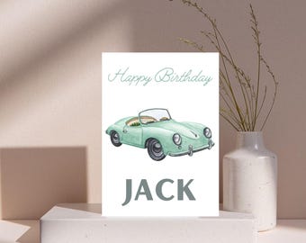 Tarjeta de cumpleaños personalizada, coche clásico, descarga digital, personalizada con nombre