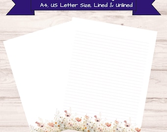 Papelería imprimible con flores silvestres / Papel de carta con y sin rayas / Papel de carta floral / Descarga instantánea 8,5 x 11