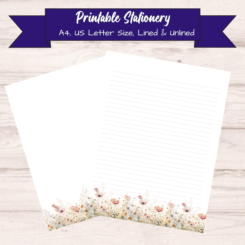 Peut inclure: Deux feuilles de papeterie imprimable, l'une lign&eacute;e et l'autre vierge, avec une bordure florale de fleurs roses et oranges. La banni&egrave;re sup&eacute;rieure indique "Papeterie imprimable". Le papier est de format A4.