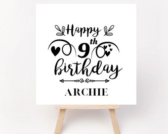 Happy 9th Birthday Card, Monochrome Birthday Card, Personalised with any name.