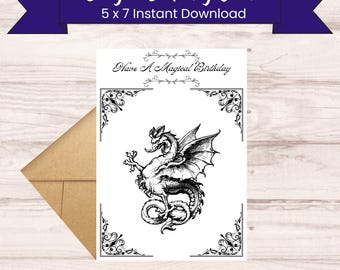 Printable Dragon Birthday Card: Mythical Black & White Greeting (Digital Download)