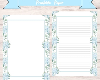 Pastel Blue Hydrangea Stationery Paper | Lined Unlined Writing Pages (Digital Download)