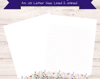 Papeterie imprimable bleu fleurs sauvages : papier à lettre prairie avec et sans ligne (PDF)