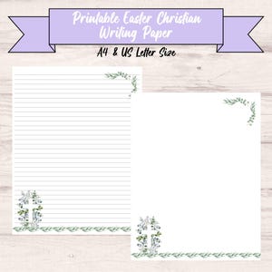 Op de afbeelding: Printbaar Paas Christelijk Schrijfpapier in A4 & US Letter formaat. Het papier heeft een kruis- en bloemmotief in de linker benedenhoek en een decoratieve rand. De bovenste banner luidt "Printbaar Paas Christelijk Schrijfpapier".