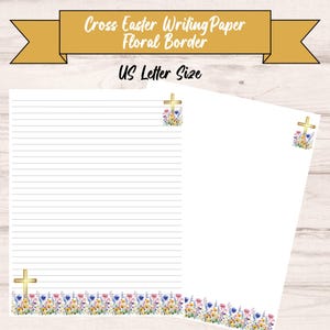 Op de afbeelding: Wit US Letter-formaat schrijfpapier met een bloemenrand en gouden kruisaccenten. Het papier is gelijnd en bevat de tekst "Cross Easter Writing Paper Floral Border".