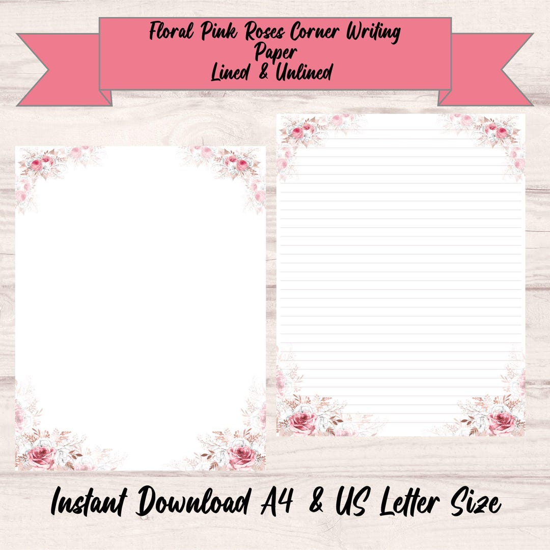 Pink Roses Corner Writing Paper – A4 & US Letter Floral Corners ...