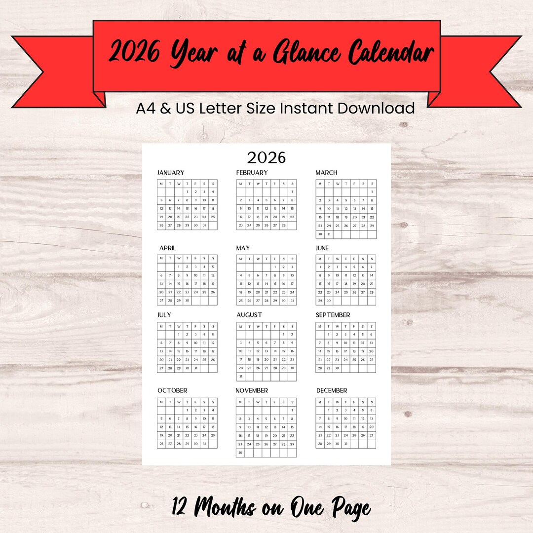 2026 Year at a Glance Calendar Printable | A4 & US Letter | Instant ...