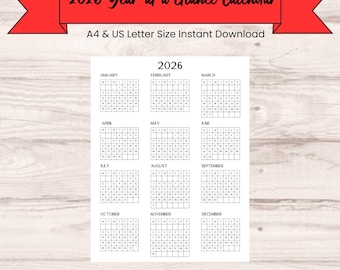 Calendario anual 2026 imprimible / Formato A4 y Carta (EE. UU.) / Descarga instantánea