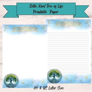 May include: Printable paper with a Celtic Knot Tree of Life design. The paper has a light blue watercolor background with gold accents and a Tree of Life emblem. The text "Celtic Knot Tree of Life Printable Paper" is displayed on a teal banner. A4 & US Letter Size.