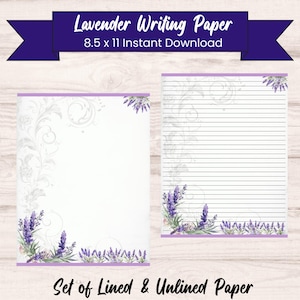 May include: A set of lined and unlined lavender writing paper, measuring 21.6 x 27.9 cm. The paper is decorated with lavender sprigs and floral designs. The top banner reads "Lavender Writing Paper" and "Instant Download".