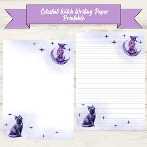 May include: Two sheets of Celestial Witch Writing Paper Printable. One sheet is blank, the other is lined. Both feature a purple-haired figure in a witch hat sitting on a crescent moon, a black cat, and four-pointed stars on a light purple background.