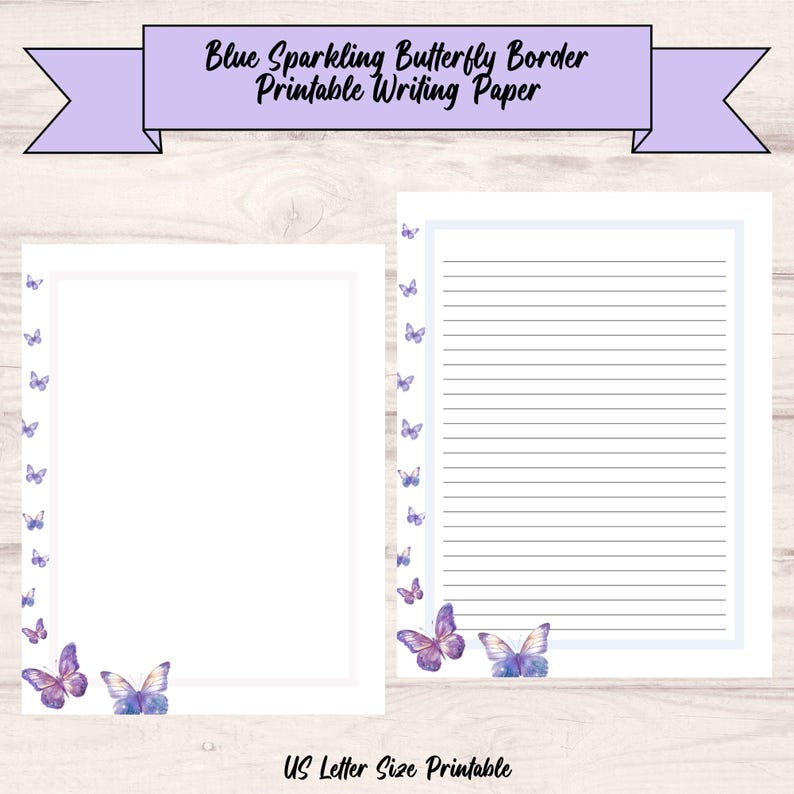 Printable Writing Paper | Blue Butterfly Stationery | Sparkling Floral ...