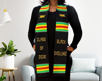 Black Excellence Graduation Kente Stole – Handwoven African Grad Scarf